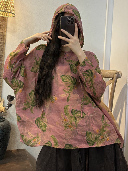プラスサイズの女性のレトロな花ボタン巾着フード付きシャツ