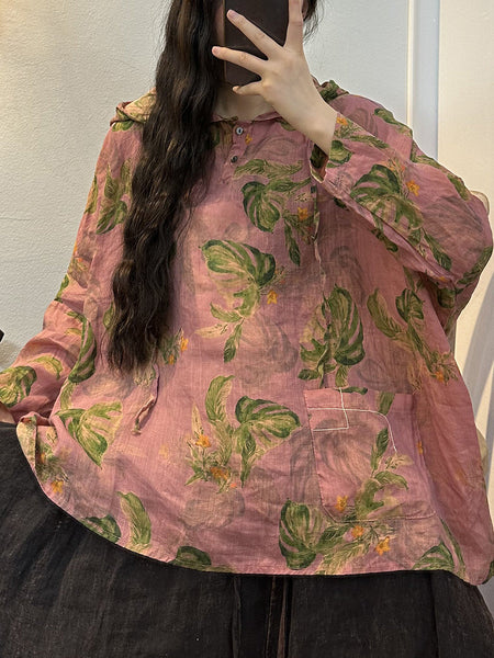 プラスサイズの女性のレトロな花ボタン巾着フード付きシャツ