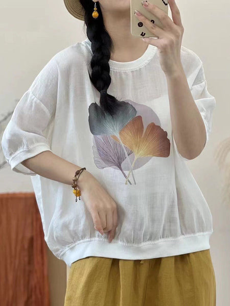 女性の夏のカジュアルなリーフプリントプルオーバーラミーシャツ