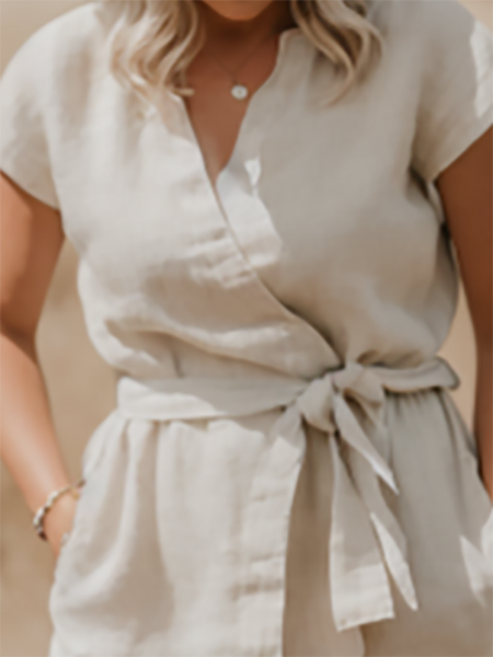 プラスサイズの女性の夏のヴィンテージソリッド V ネック巾着リネンスーツ