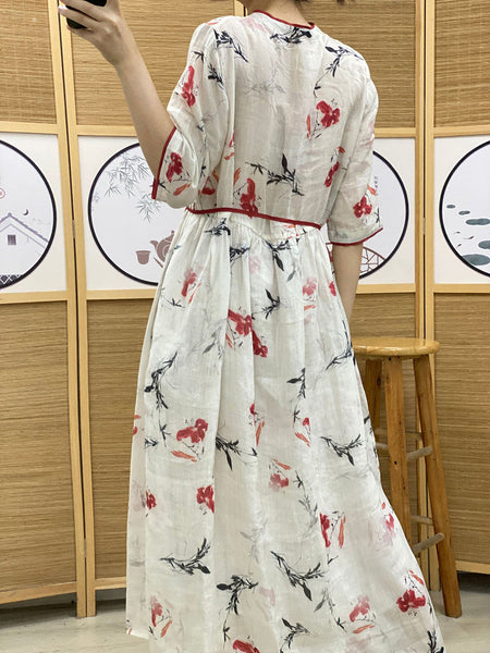 女性の夏の芸術的な花柄巾着 V ネック ルーズ ドレス