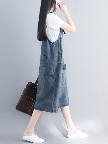 女性レトロ着用パッチスプライスポケットデニムサスペンダードレス