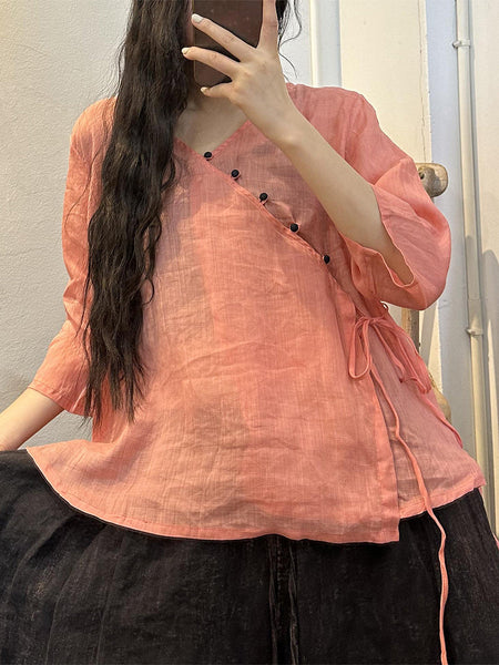女性ヴィンテージボタン巾着ソリッド V ネックラミーシャツ