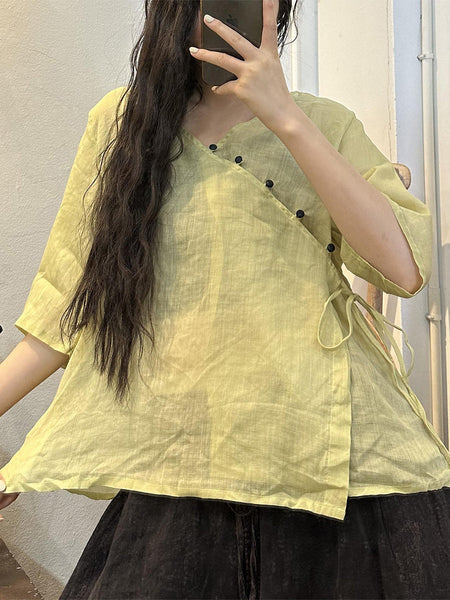 女性ヴィンテージボタン巾着ソリッド V ネックラミーシャツ