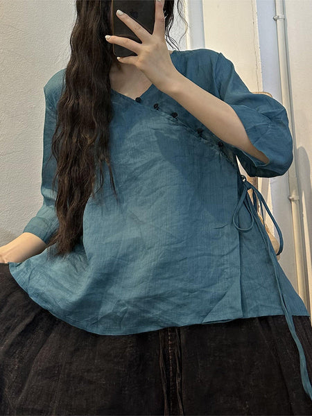 女性ヴィンテージボタン巾着ソリッド V ネックラミーシャツ