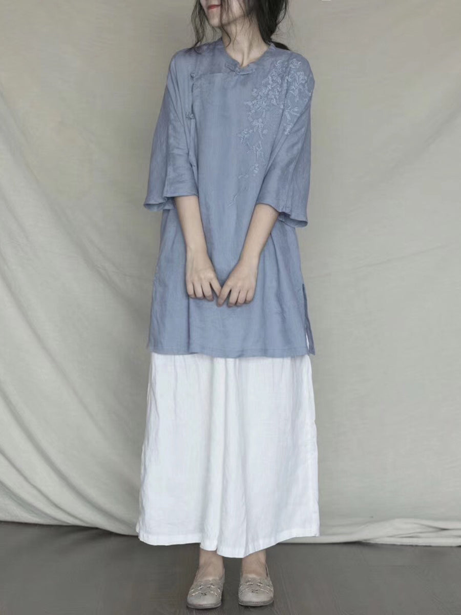 女性夏のエスニック刺繍ボタンロングシャツ