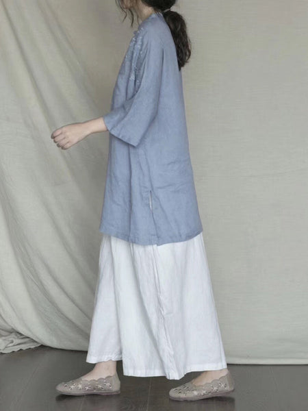 女性夏のエスニック刺繍ボタンロングシャツ