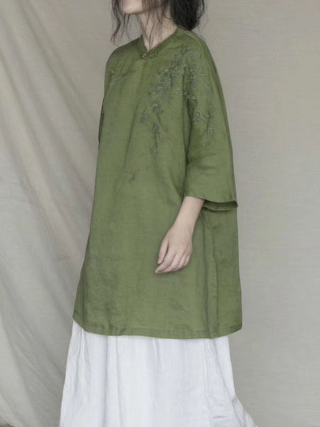 女性夏のエスニック刺繍ボタンロングシャツ