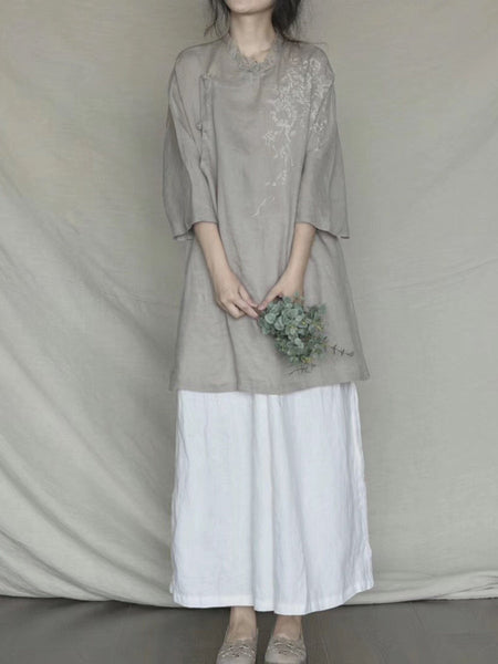 女性夏のエスニック刺繍ボタンロングシャツ