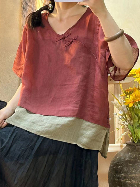 女性夏のヴィンテージスプライスボタンルーズラミーシャツ