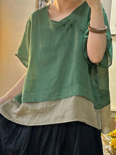 女性夏のヴィンテージスプライスボタンルーズラミーシャツ