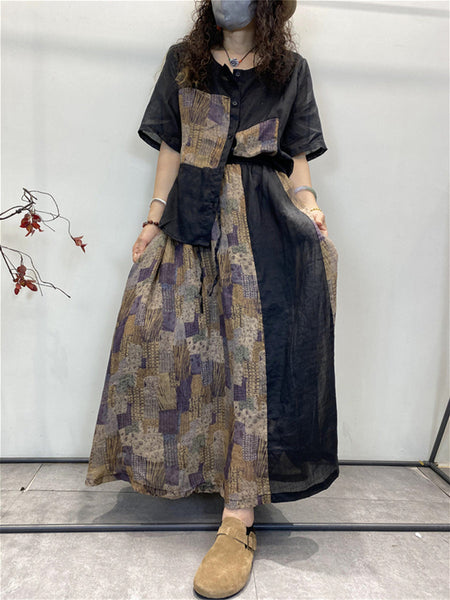 女性の夏のレトロなスプライシング巾着ルーズラミースーツ