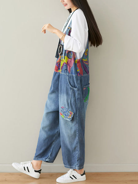 女性夏の芸術的な落書きポケットパッチルーズデニムジャンプスーツ
