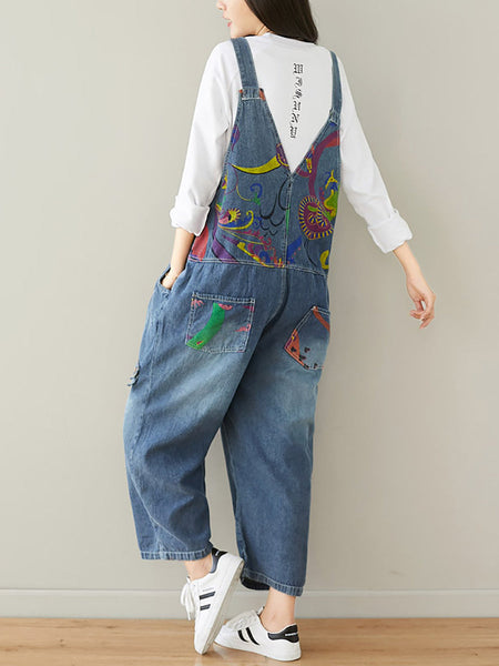 女性夏の芸術的な落書きポケットパッチルーズデニムジャンプスーツ