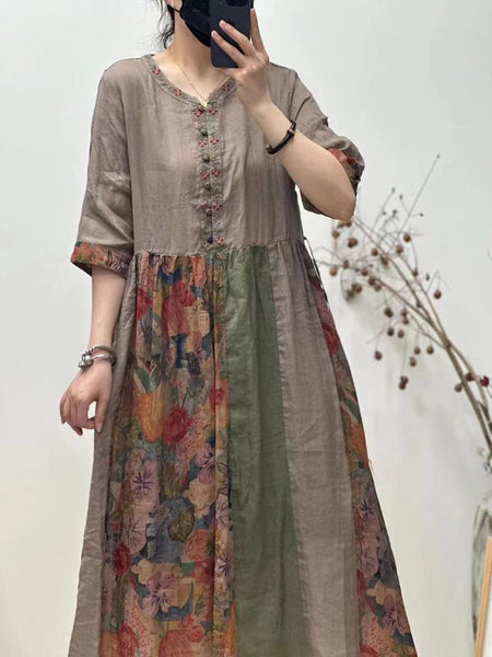 女性のレトロなスプライスカラーブロック刺繍ボタンルーズドレス