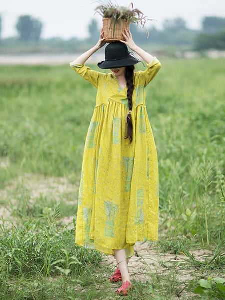 女性夏のプレーリーシックなドット V ネックプリーツルーズドレス