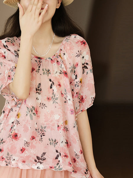 女性夏の芸術的な花巾着ルーズラミーシャツ