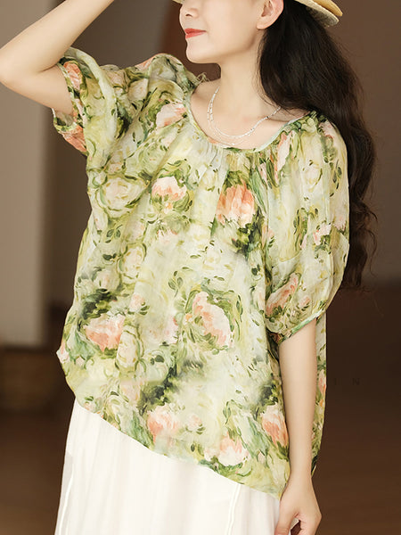 女性夏の芸術的な花巾着ルーズラミーシャツ