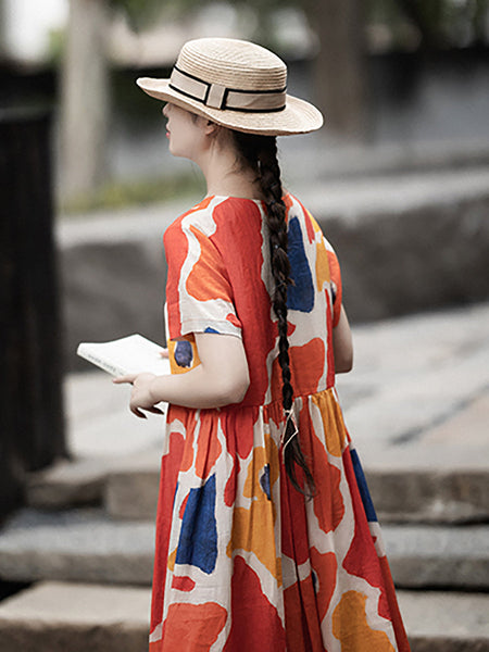 女性の夏のカジュアルフラワープリーツルーズラミードレス