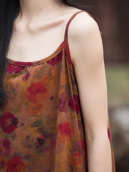 女性の夏のレトロな花柄ルーズベストドレス
