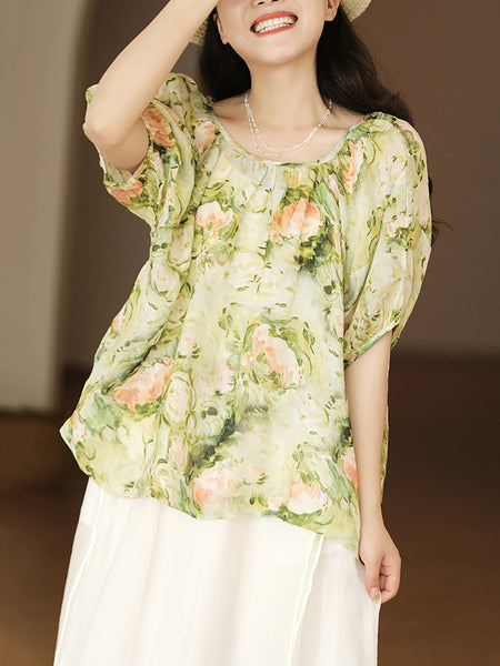 女性夏の芸術的な花巾着ルーズラミーシャツ