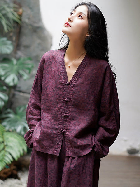 女性中国風カエルソリッド V ネックラミーシャツ