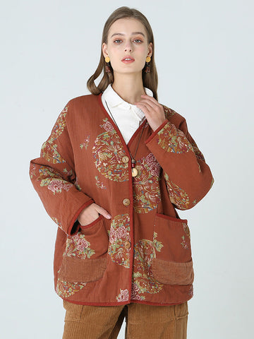 プラスサイズフラワープリント女性春長袖コート