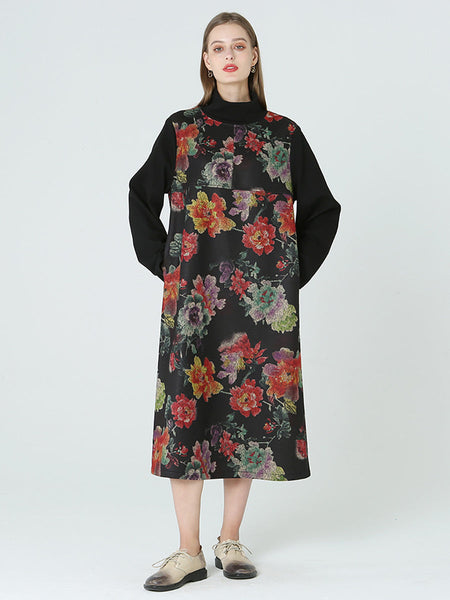 花柄タートルネック長袖春冬ドレス M-2XL