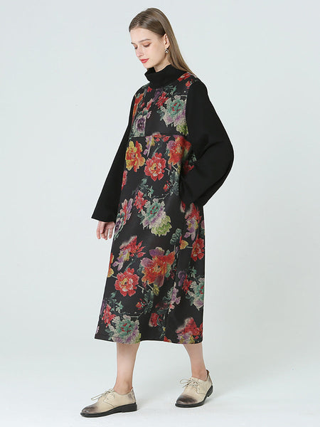 花柄タートルネック長袖春冬ドレス M-2XL