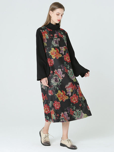 花柄タートルネック長袖春冬ドレス M-2XL
