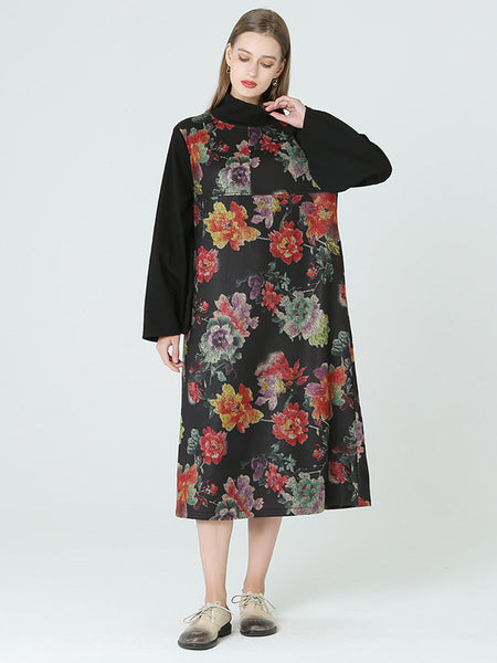 花柄タートルネック長袖春冬ドレス M-2XL