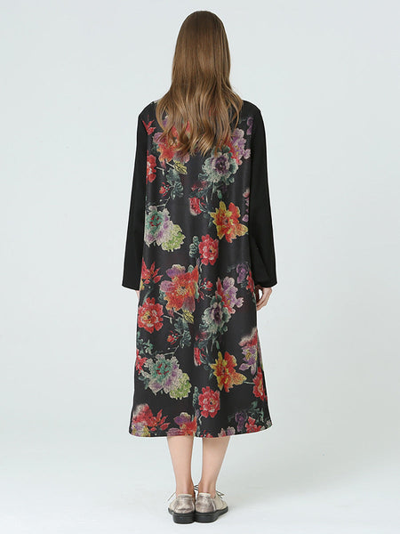 花柄タートルネック長袖春冬ドレス M-2XL