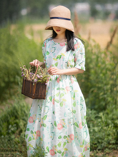 女性の芸術的なフラワー巾着プリーツ O ネックラミードレス