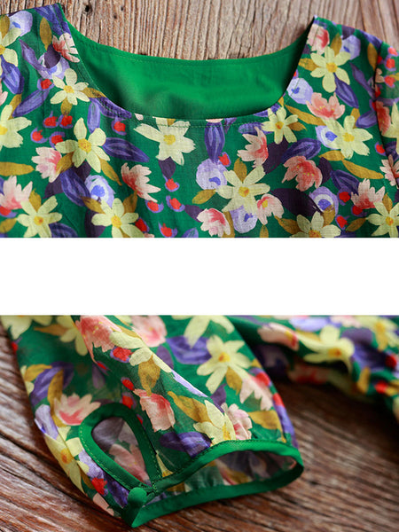 夏の女性のプレーリーシックな花柄ドローストリングルーズドレス