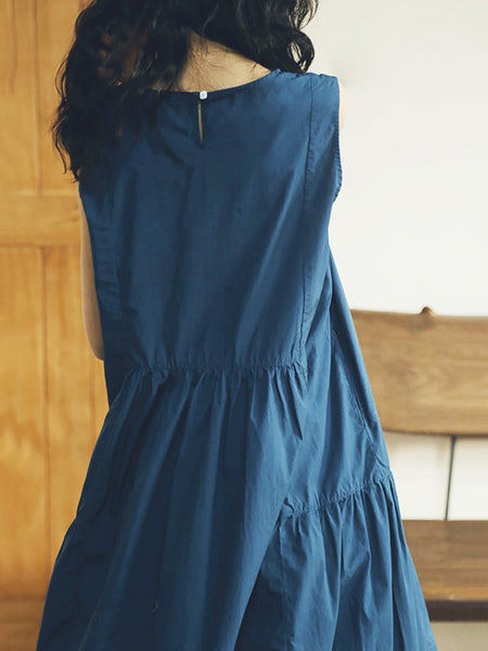 女性の夏のソリッド不規則なプリーツパッチブルーのベストドレス