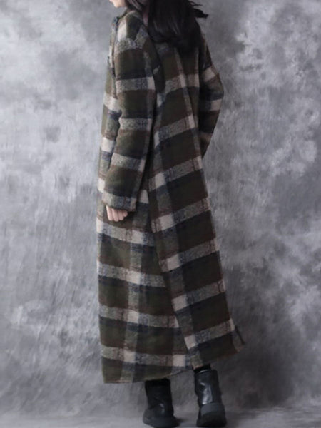 プラスサイズ冬スモールカラーチェック柄格子カシミアコート