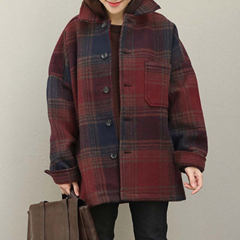 Loose Polo Collar Purple Red Lattice Single Breasted Coat - Buykud