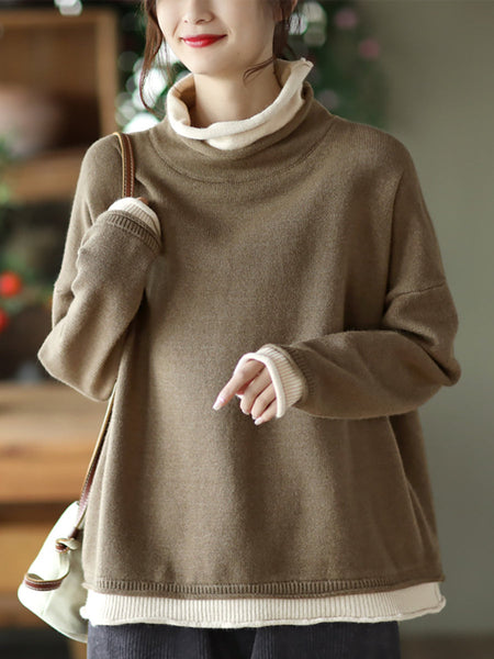 プラスサイズ秋フェイクツーピースカラーブロック女性セーター