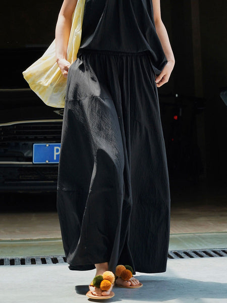 女性のエレガントな夏ソリッドプリーツルーズベスト+スカート