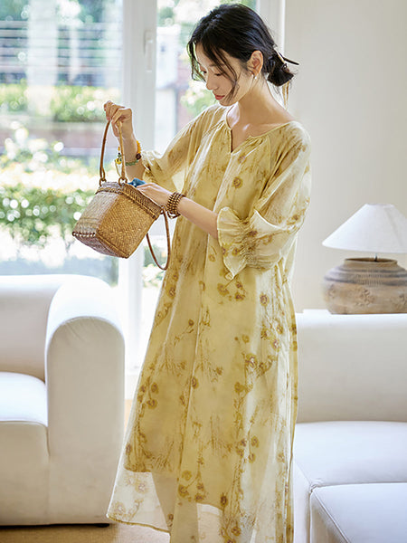 女性の芸術的な夏の花の巾着レースワーク V ネックドレス