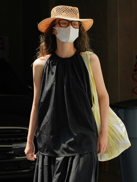 女性のエレガントな夏ソリッドプリーツルーズベスト+スカート