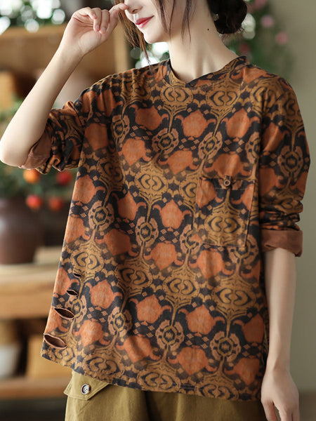 女性のヴィンテージプリントプルオーバールーズTシャツ