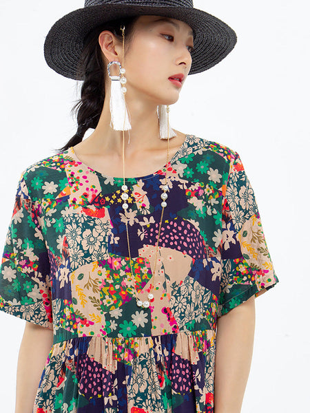 プラスサイズ - 花柄半袖サマールーズドレス