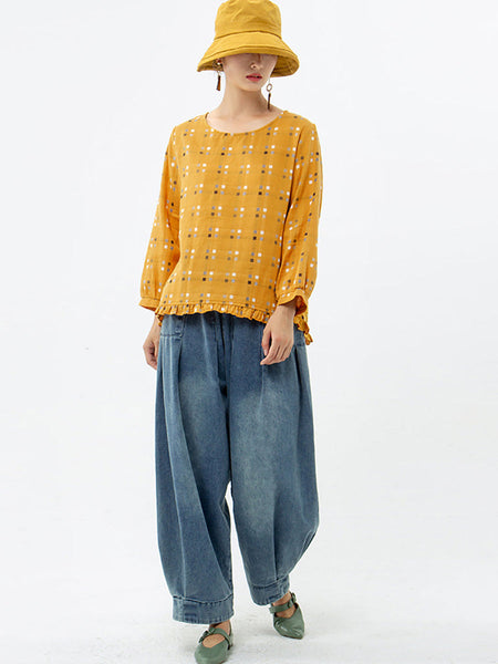 プラスサイズ - レディース ルーズ チェック柄 ベニテングタケ コットン リネン レース Tシャツ
