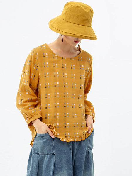 プラスサイズ - レディース ルーズ チェック柄 ベニテングタケ コットン リネン レース Tシャツ