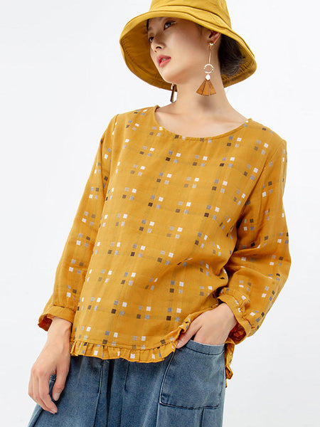 プラスサイズ - レディース ルーズ チェック柄 ベニテングタケ コットン リネン レース Tシャツ