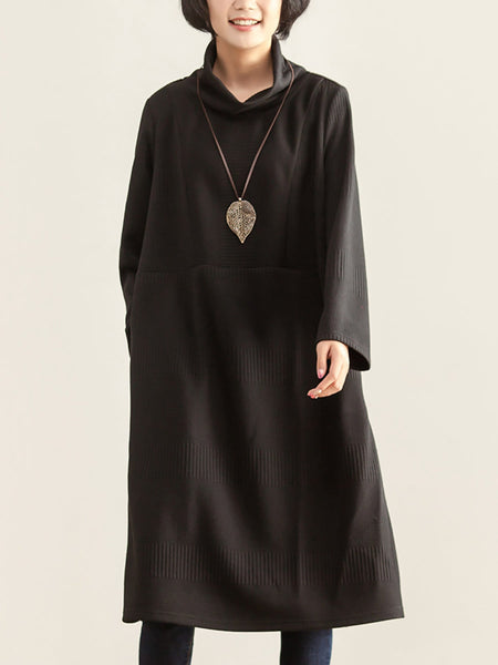 プラスサイズの女性の冬秋タートルネック長袖黒のドレス