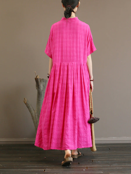 プラスサイズのプリーツ綿チェック柄ヴィンテージ女性中国風のドレス