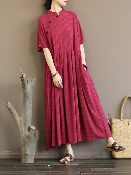 プラスサイズのプリーツ綿チェック柄ヴィンテージ女性中国風のドレス