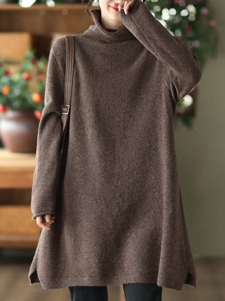 女性の冬のニットタートルネックソリッドセータードレス